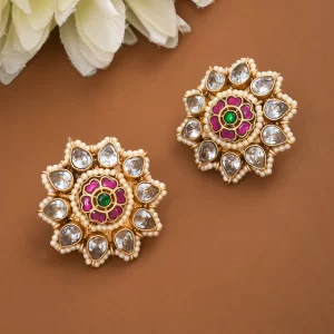 stunning antique gold kundan polky pearl flower designer stud earrings