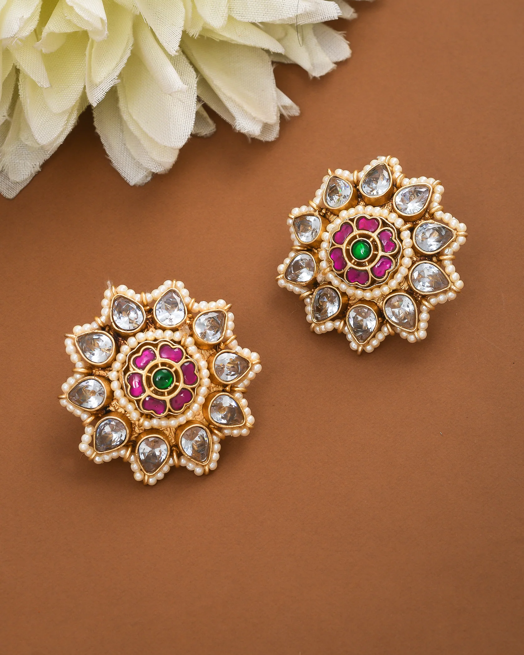 stunning antique gold kundan polky pearl flower designer stud earrings