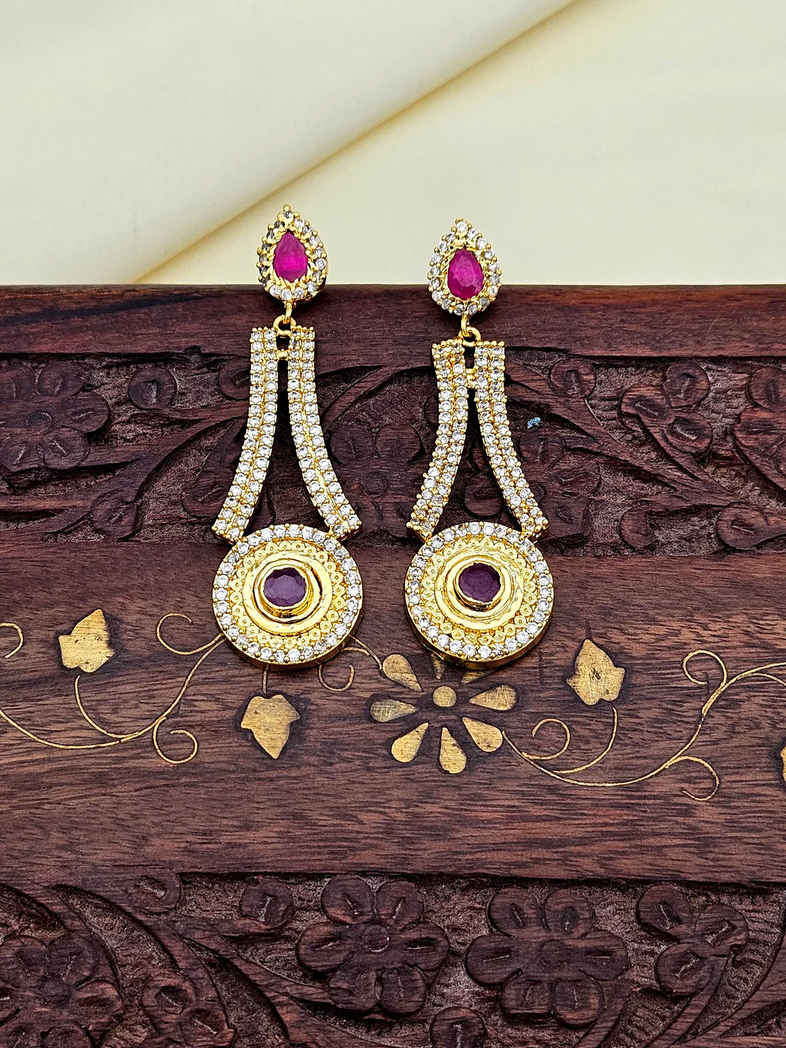 attractive gold plated cubic zirconia red hydro quartz designer light weight party wear earring