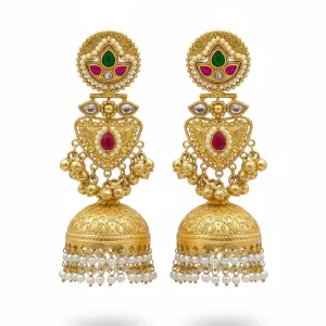 amazing red glass stone multi color polky pearl fancy jhumka earrings