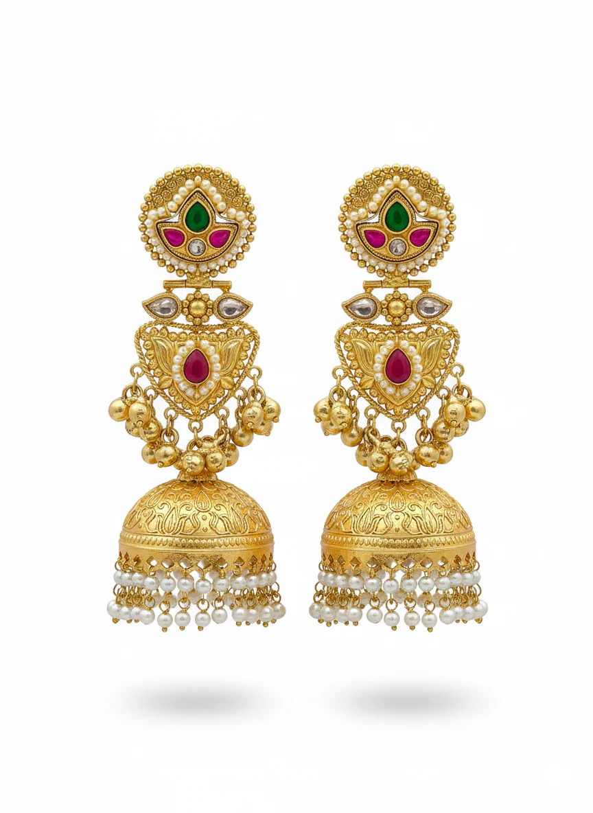 amazing red glass stone multi color polky pearl fancy jhumka earrings